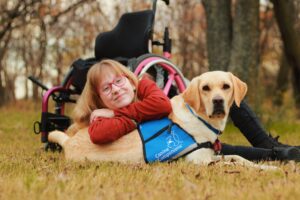 A young girl with blonde hair and glasses lays in the grass with her yellow Labrador service dog. A pink wheelchair is in the background.