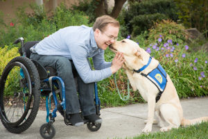 person in wheelchair leaning down to kiss Canine Companions service dog