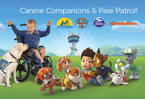 Paw Patrol characters with child and Canine Companions service dog