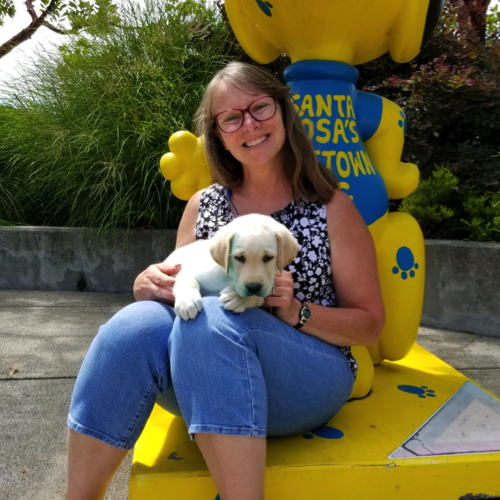 Volunteer Denise Kimpson with young yellow puppy