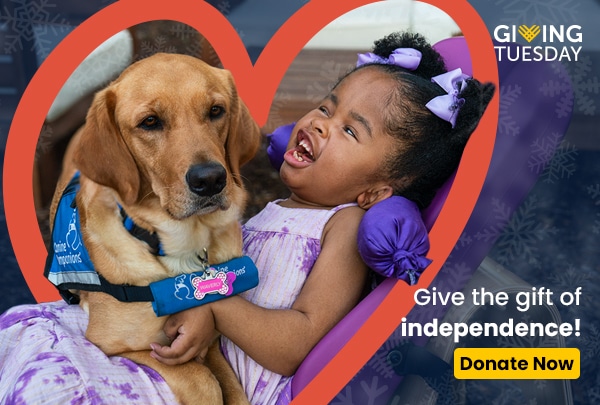 A banner with an illustrated heart featuring the image of a young smiling girl and her yellow lab service dog with the words Giving Tuesday - Give the gift of independence - and a yellow donate button