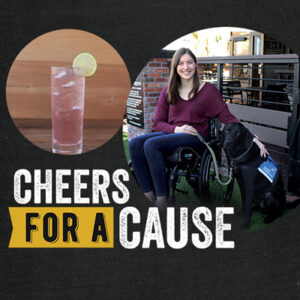 Woman in wheelchair next to black service dog and cocktail image