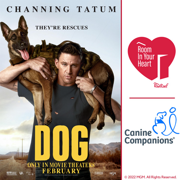 Movie poster for Dog with Channing Tatum next to the Red Roof Room In Your Heart logo and Canines Companion Logo