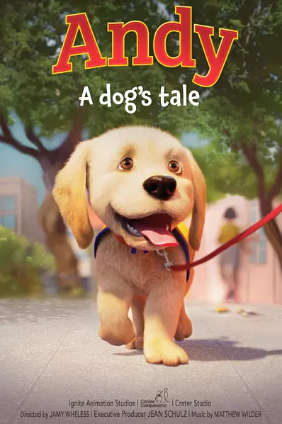 Movie poster for Andy: The Movie featuring a cartoon golden retriever puppy in a yellow puppy vest