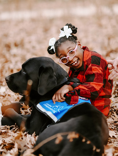 Young smiling african american girl sitting on the ground with arm around black lab wearing a blue service vest