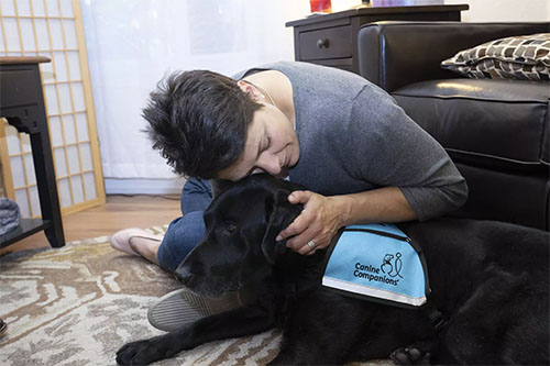 Young woman sits on the floor and hugs a black lab in a teal therapy dog vest