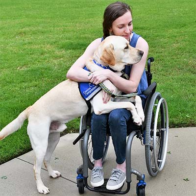 a young woman in a wheelchair hugging a yellow Labrador with its front legs on her lap, wearing a blue vest