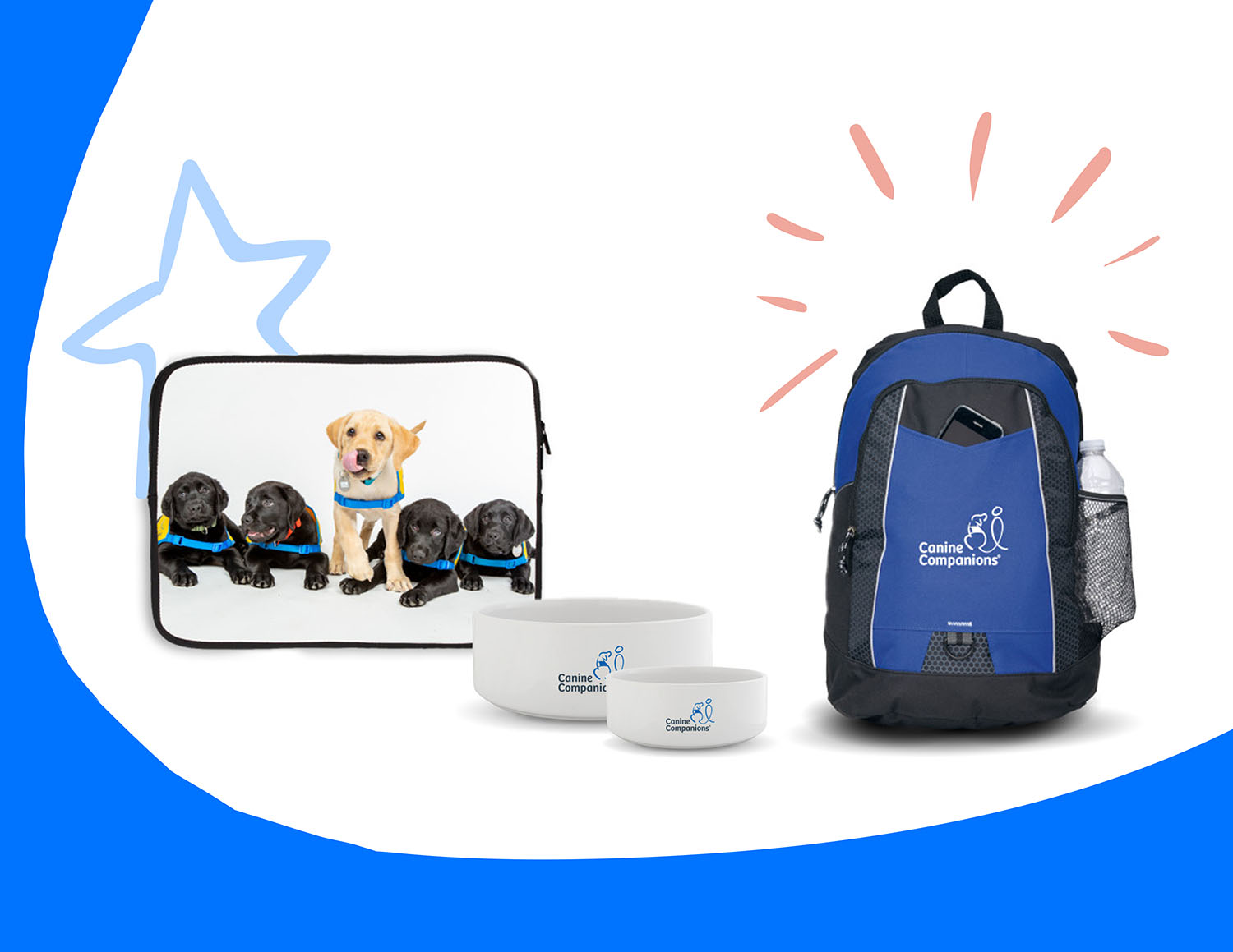 Image of canine companions branded backpack, bowls, and laptop cover