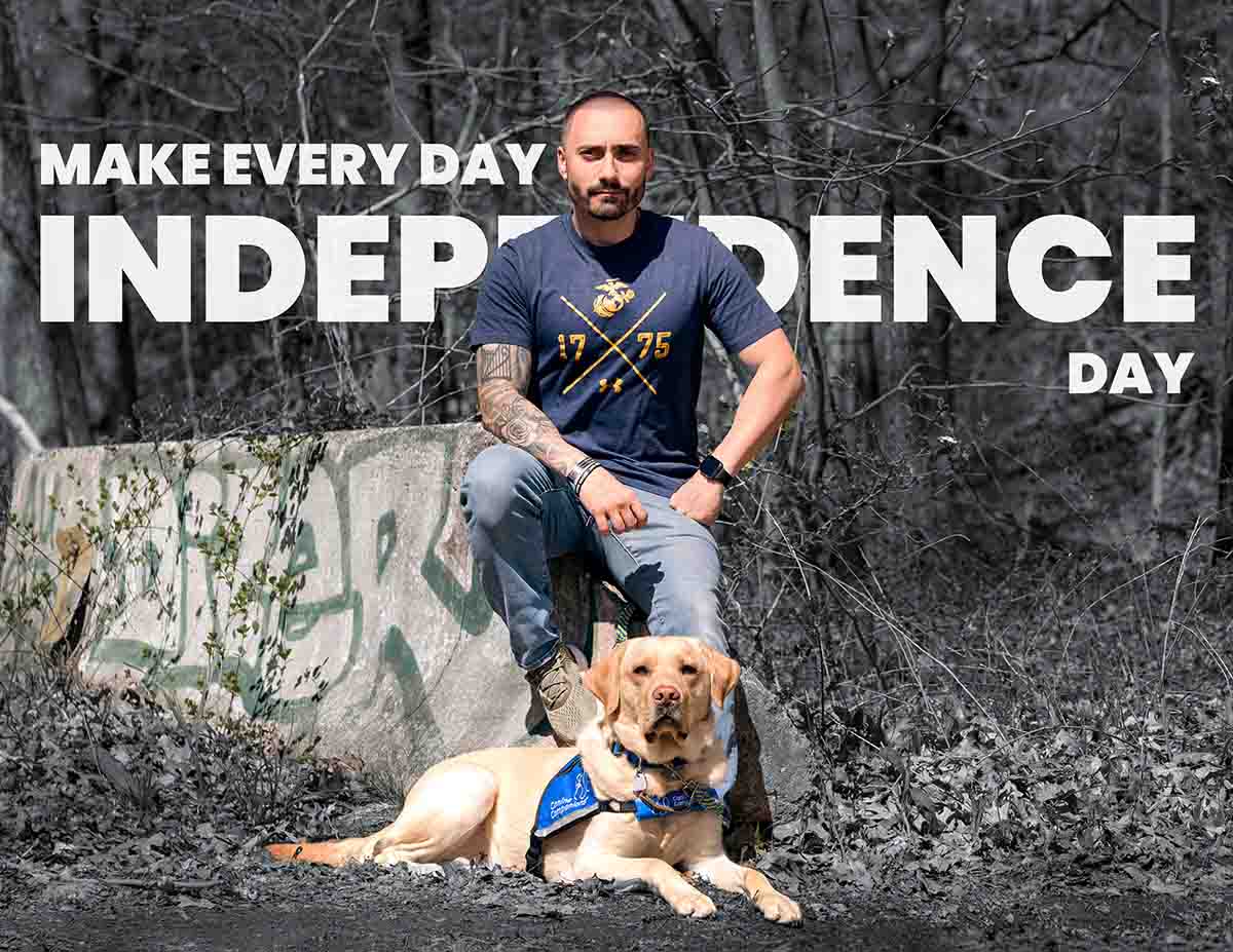 Veteran seating with service dog message in the back: make everyday Independence day