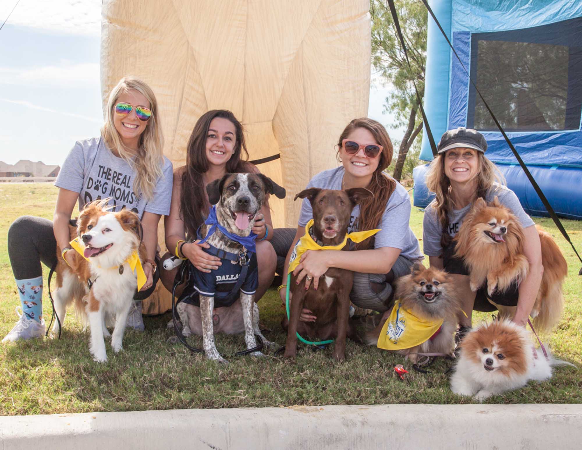 A group of smiling women with dogs of many breeds all wearing dogfest 2022 bandanas