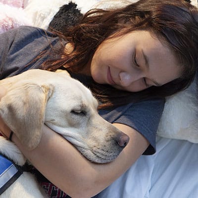 a girl holding a Labrador’s head as it lays on her lap in a hospital bed