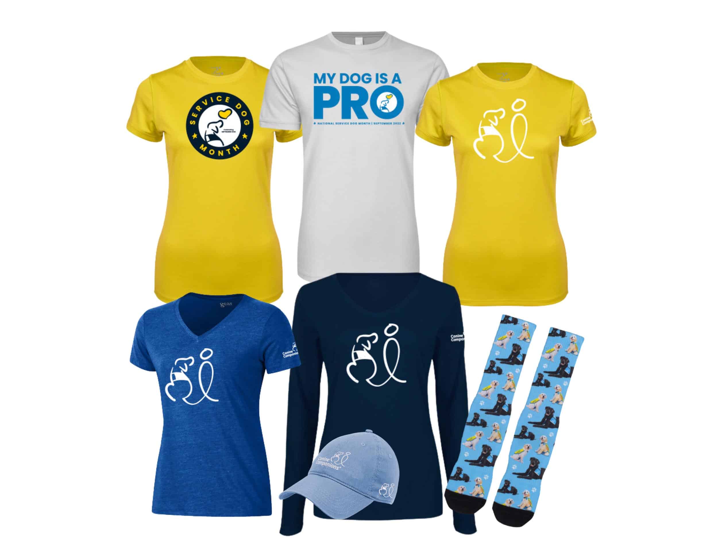 four t shirts and one hoodie and a hat with designs on them; one pair of socks with dogs on them; text that reads, wear your yellow and blue; a mark with an outline of a dog and a heart and text that reads, service dog month