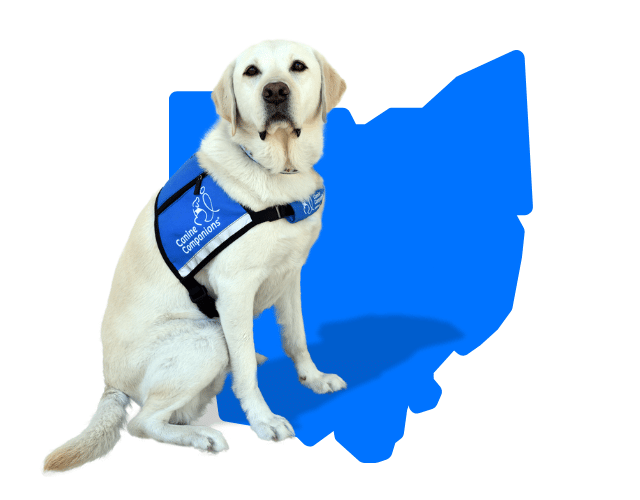 Service dog in blue vest next to the outlined state of Ohio