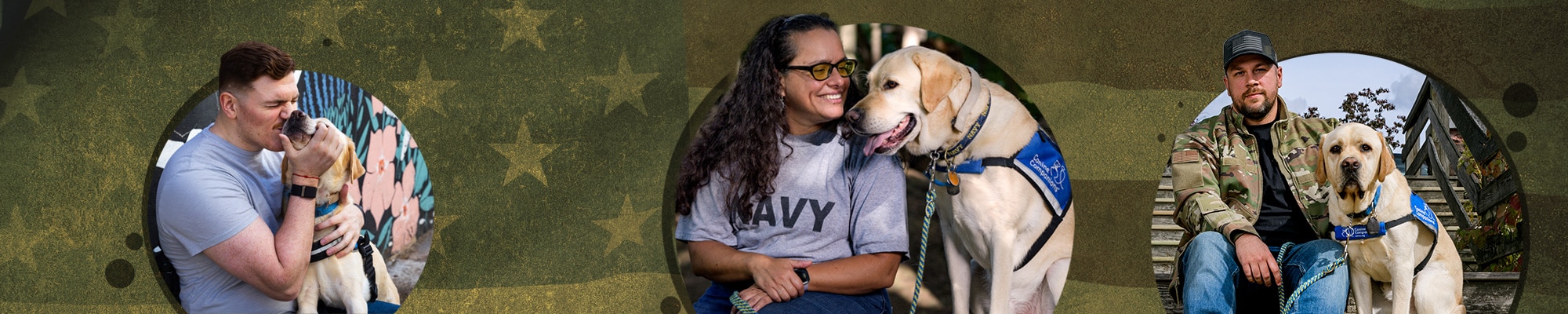 American flag background tinted green with the images of three people interacting with their service dogs outlined in circles