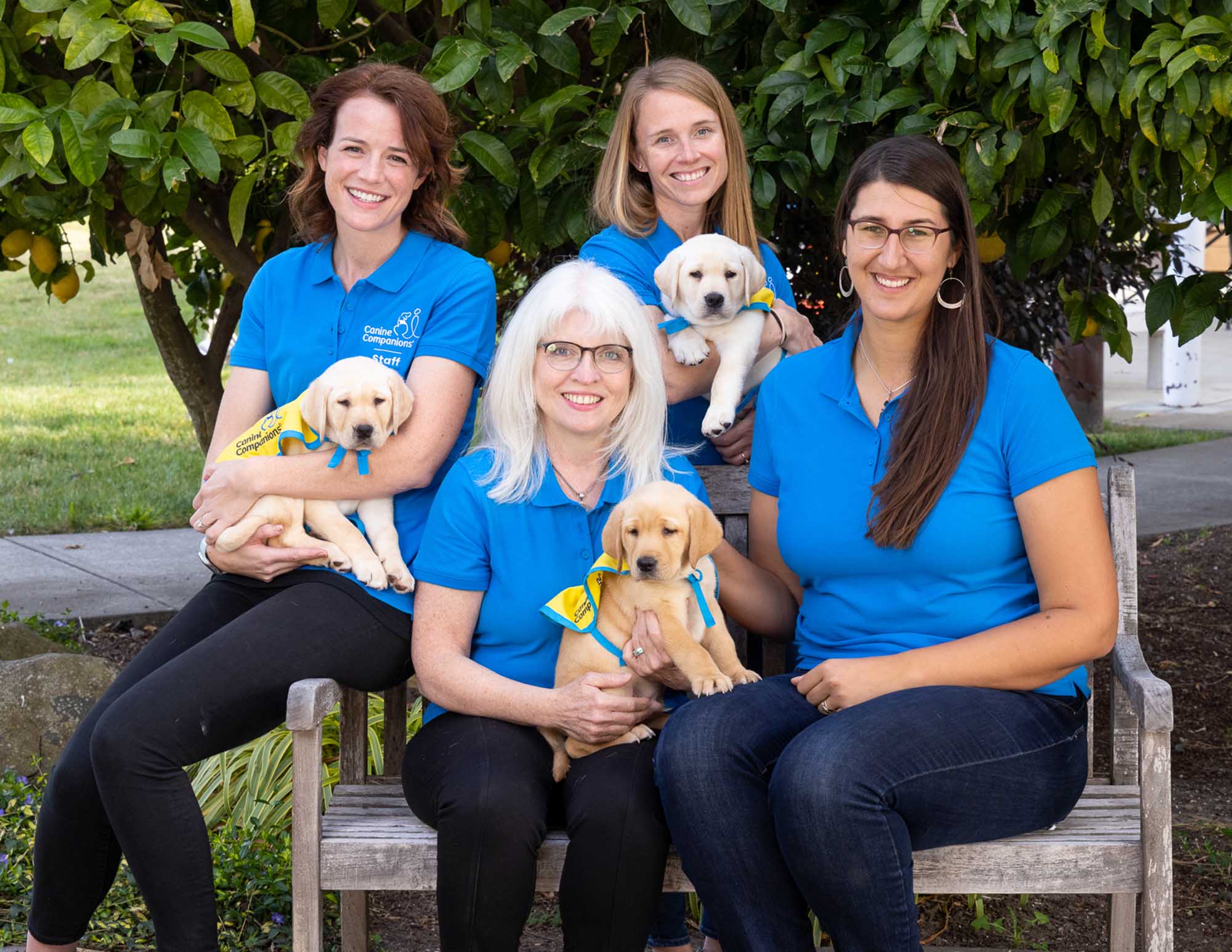 Four smiling women in canine companions polos holding puppies in yellow puppy capes