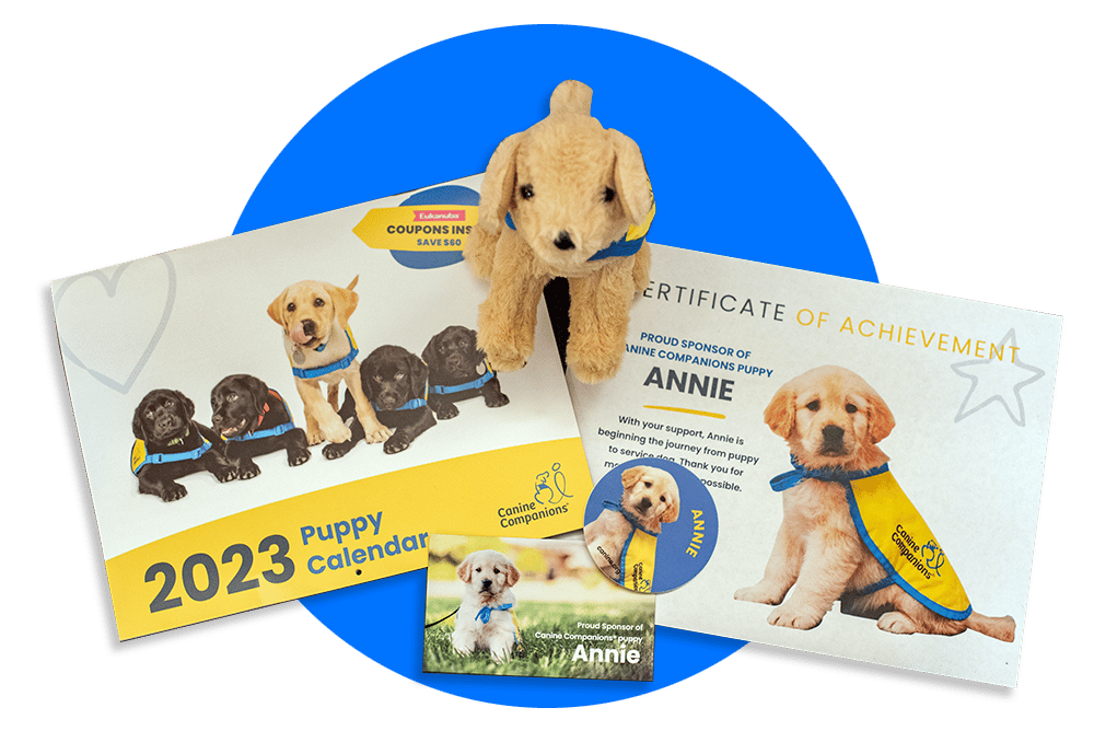 image of a plush yellow lab puppy next to a 2023 Canine Companions puppy calendar, a name card for the puppy, and a certificate for the adopt a puppy program