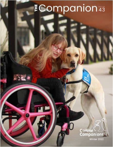 Image of the front of the Winter Companion, featuring the image of a young girl in a wheelchair with her arms around her yellow lab service dog in a blue service vest