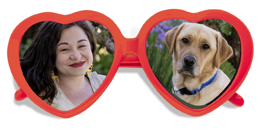 A red pair of heart shaped glasses with the image of a woman and a yellow lab service dog in each lens.