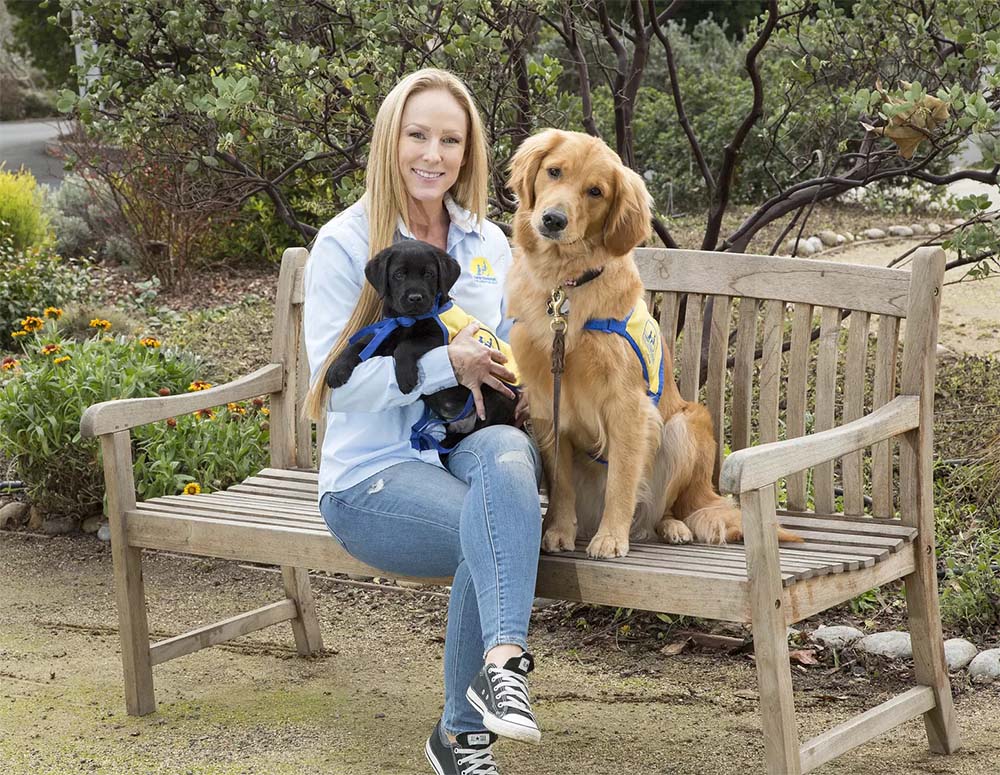 A smiling woman on a bench holds a black lab puppy in her lap and there is a golden retriever sitting on the bench next to her. Both dogs are wearing yellow puppy vests.