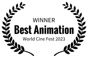 Laurel film festival logo with the words Winner Best Animation World Cine Fest 2023