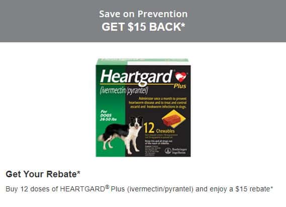 Coupon for Heartgard that says Buy 12 doses of HEARTGARD® Plus (ivermectin/pyrantel) and enjoy a $15 rebate