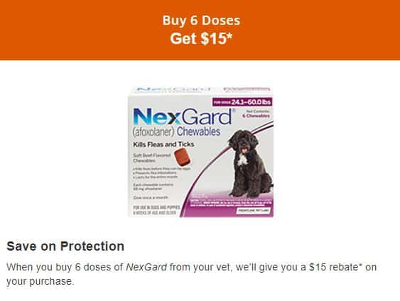 Nexgard coupon that says Save on Protection Body Copy When you buy 12 doses of NexGard from your vet—a full year’s supply—we’ll give you a $45 rebate* on your purchase.