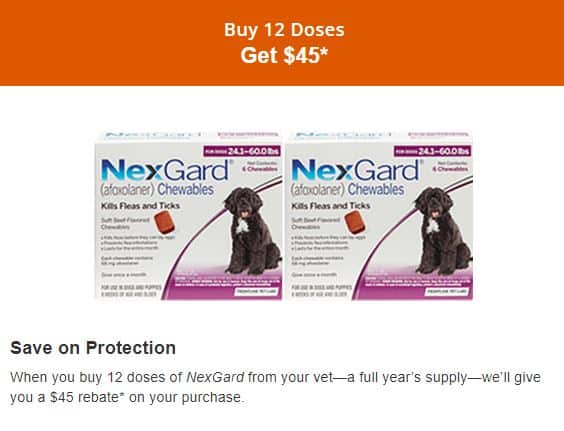 Nexgard coupon that says Save on Protection Body Copy When you buy 6 doses of NexGard from your vet, we’ll give you a $15 rebate* on your purchase.