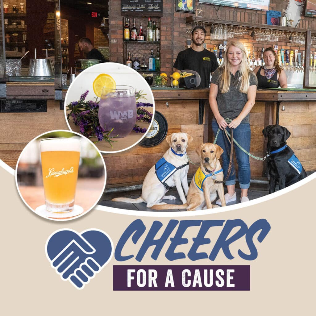 Cheers for a cause square banner featuring beer and a woman with two service dogs