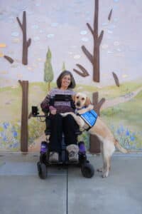 Woman in wheelchair with yellow Labrador Retriever wearing a blue vest standing with paws on her lap.