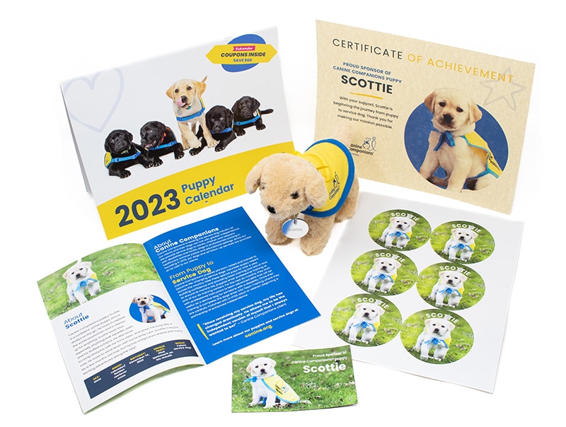 gift pack for scottie puppy sponsorship featuring a plush dog, a calendar, a certificate, a magnet, and stickers