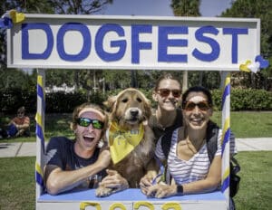 three smiling adults with a golden retriever in a yellow dogfest bandana in a photo booth that says DOGFEST