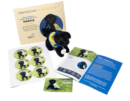 sample gift pack for black lab puppy sponsorship featuring a plush dog, a certificate, a magnet, and stickers