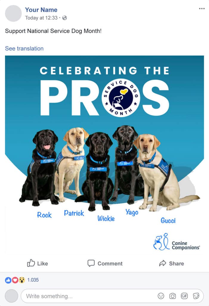 A Facebook post featuring service dog month