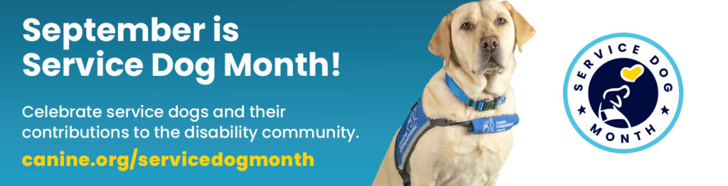 September is service dog month email signature. image of a service dog in a blue background with canine ocompanions logo