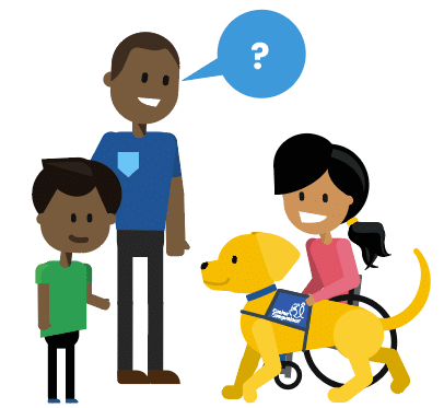 an illustration of two people talking to a person in a wheelchair with a service dog