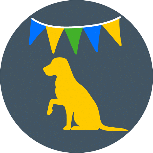 Symbol of a dog under a party flag banner