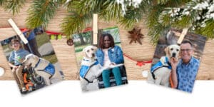 three images of service dog teams pinned to string with wood and evergreen branches behind them