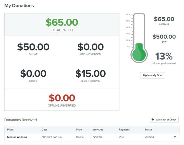 screenshot of the qgiv fundraising dashboard