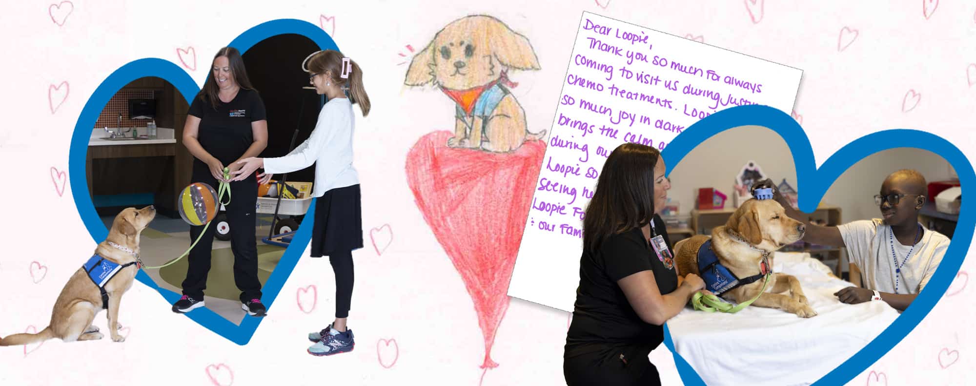 Two service dog teams working in childrens hospitals surrounded by a heart outline. There is an image of a handwritten letter with a hand drawn dog with a heart