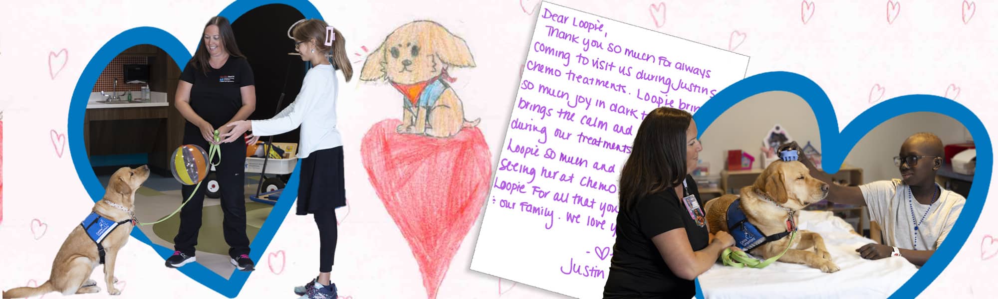 Two service dog teams working in childrens hospitals surrounded by a heart outline. There is an image of a handwritten letter with a hand drawn dog with a heart