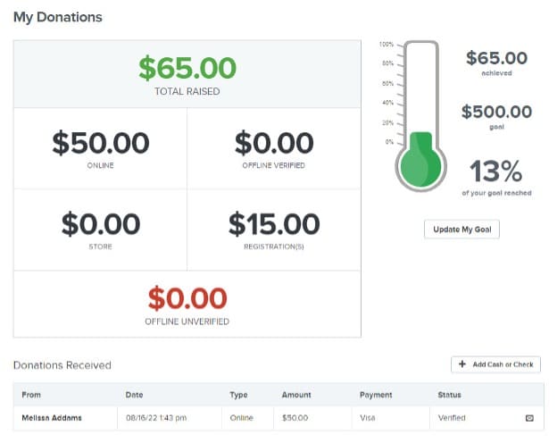 my donations view screenshot