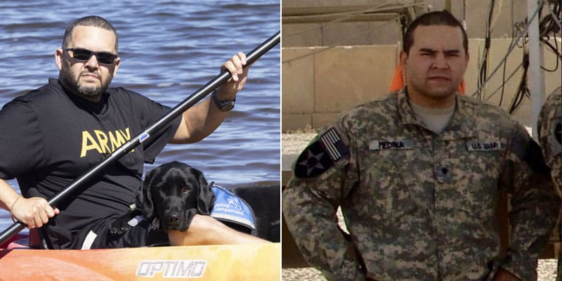 man on a kayak with his service dog next to his military picture
