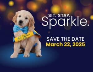 A graphic of a golden puppy wearing a bow tie and the Sit Stay Sparkle logo and Save the Date March 22, 2025