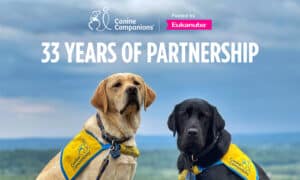 Two service dogs, a yellow Labrador and a black Labrador, wearing blue and yellow vests, sitting against a cloudy sky backdrop. The text above reads '33 Years of Partnership', with logos of Canine Companions and Eukanuba at the top.