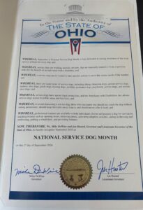 A proclamation from the State of Ohio declaring September 2024 as National Service Dog Month, with signatures from the Governor and Lieutenant Governor and the Great Seal of the State of Ohio.