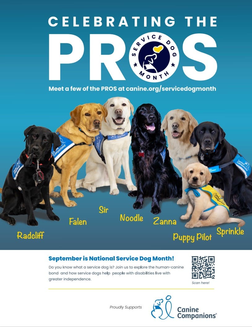 thumbnail of a national service dog month poster featuring the heading Celebraing the Pros