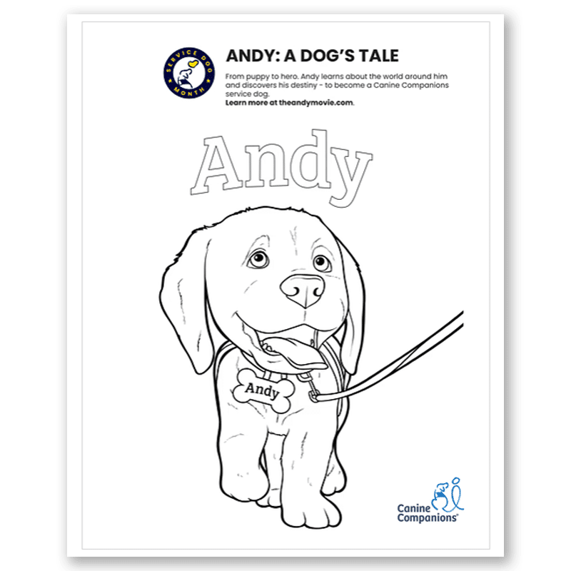 A black-and-white coloring page featuring a cartoon puppy named Andy wearing a collar with a bone-shaped tag. The title above reads "ANDY: A DOG'S TALE," and there is text describing Andy's journey to becoming a service dog. The Canine Companions logo is in the lower right corner.