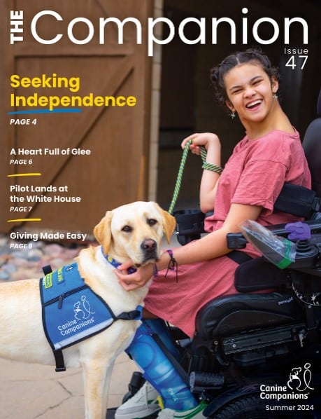Cover of The Companion featuring A young girl in a wheelchair smiling and holding the leash of a labrador wearing a "Canine Companions" vest.