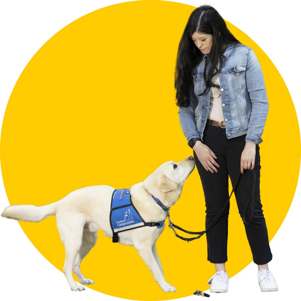 A service dog wearing a blue vest labeled "Canine Companions" stands next to a woman in black pants and a denim jacket against a yellow circular background.