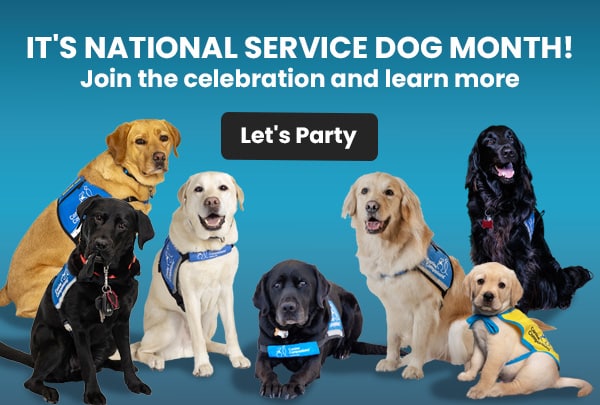 Seven dogs in service dog vests sitting in front of a banner that reads It's National Service Dog Month! Join the celebration and learn more. Let's Party.